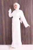 Boncuk İşlemeli Tam Boy Ferace 7894 Ekru thumbnail 3