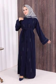 Boncuk İşlemeli Tam Boy Ferace 7894 Lacivert thumbnail 2