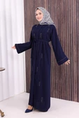 Boncuk İşlemeli Tam Boy Ferace 7894 Lacivert thumbnail 3