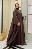 Taş İşlemeli Elbiseli Abaya Takım 8499 Kahverengi thumbnail 2