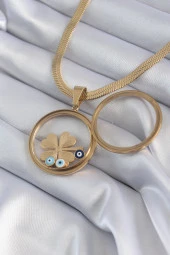 316L Çelik Gold Renk İtalyan Zincir Açılabilir Fanus Yonca Figür Model Kadın Kolye thumbnail 1