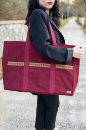 Kanvas  Omuz Çantası Su Geçirmeyen  Kumaş Battal Boy Bordo Renk thumbnail 1