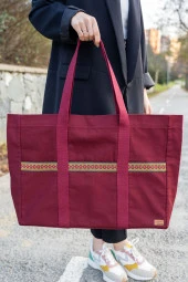 Kanvas  Omuz Çantası Su Geçirmeyen  Kumaş Battal Boy Bordo Renk thumbnail 2