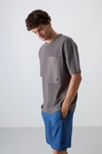 Koyu Gri Pamuklu Kalın Yüzeyi Dokulu Oversize Fit Basic Erkek T-Shirt - 88341 thumbnail 2