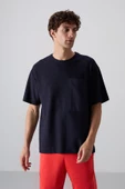 Lacivert Pamuklu Kalın Yüzeyi Dokulu Oversize Fit Basic Erkek T-Shirt - 88341 thumbnail 2