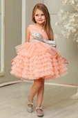 Kız Çocuk Simli Fiyonk Detaylı Kat Kat Tüllü Somon Abiye thumbnail 5