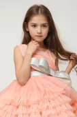 Kız Çocuk Simli Fiyonk Detaylı Kat Kat Tüllü Somon Abiye thumbnail 2