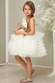 Kız Çocuk Simli Fiyonk Detaylı Kat Kat Tüllü Beyaz Abiye thumbnail 6