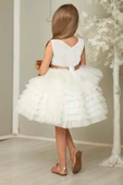Kız Çocuk Simli Fiyonk Detaylı Kat Kat Tüllü Beyaz Abiye thumbnail 10
