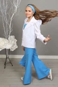 Kız Çocuk Zincir ve Omuzu Fırfırlı Blazer Ceket ve İspanyol Paça Mavi Pantolon Alt Üst Takım thumbnail 4