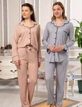 Bone Club 5811 Gri Kalpli Önden Düğmeli Lohusa Pijama Tk - 4