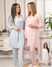 Bone Club 5814 MAVİ Vual Penye Hamile Lohusa 3 Lü Pijama Sabahlık Tk thumbnail 1