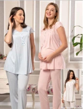 Bone Club 5814 MAVİ Vual Penye Hamile Lohusa 3 Lü Pijama Sabahlık Tk thumbnail 4