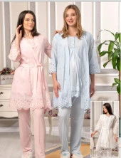 Bone Club 5816 PEMBE Vual Penye Hamile Lohusa 3 Lü Pijama Sabahlık Tk - 3