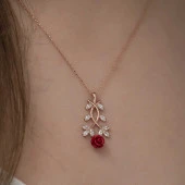​925 Ayar Gümüş Rose Kırmızı Gül Gümüş Kolye thumbnail 3