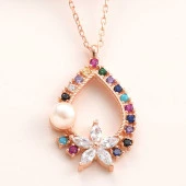 925 Ayar Gümüş Rose Renkli Taşlı Çiçekli Kadın Kolye thumbnail 1