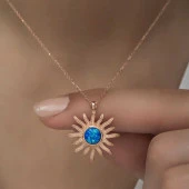 ​925 Ayar Gümüş Rose Mavi Opal Taşlı Güneş Kadın Kolye thumbnail 4