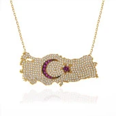 925 Ayar Gümüş Gold Ay Yıldız Türkiye Haritası Kadın Kolye thumbnail 3