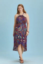 Halter Yaka Anvelop Desenli Büyük Beden Elbise thumbnail 3