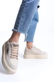 PRAG Bağcıklı Ortopedik Taban Desenli Kadın Sneaker Ayakkabı KT Krem - 1