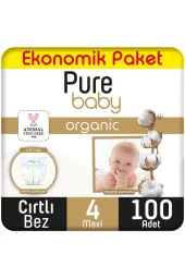 Pure Baby Organik Pamuklu Cırtlı Bez Ekonomik Paket 4 Numara Maxi 100 Adet thumbnail 1