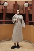 Bisiklet Yaka Yarasa Kollu Seyyar Kemerli Arya Kaşe Elbise - 8