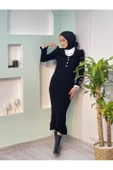 Düğme Detaylı Fitilli Triko Elbise - 3