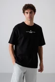 Sıyah/Beyaz Pamuklu Kalın Yumuşak Dokulu Oversize Fit Baskılı Erkek T-Shirt - 88321 - 2