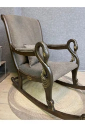 Asedia Vintage Kuğu Ceviz Kahve El Oyması Ahşap Sallanan Sandalye Dinlenme Koltuğu Berjer thumbnail 2