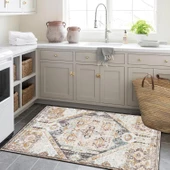 Klasik Kahve Krem Salon&Oturma Odası&Yolluk Dijital Baskılı Makinede Yıkanabilir Kaymaz Taban Saçaklı Halı HK017 - 8