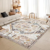 Klasik Kahve Krem Salon&Oturma Odası&Yolluk Dijital Baskılı Makinede Yıkanabilir Kaymaz Taban Saçaklı Halı HK017 - 7