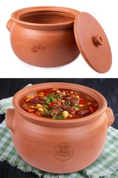 El Yapımı Kapaklı Toprak Güveç Tencere Orta Boy Astarlı 5 Litre (Özel Kırılmaz Köpük Ambalajında) - 4