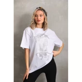 Lucky Life Unisex Taş Desenli Oversize T-Shirt - Beyaz - 2