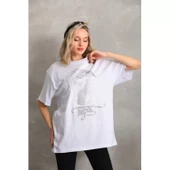 Lucky Life Unisex Taş Desenli Oversize T-Shirt - Beyaz - 4