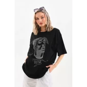 Lucky Life Unisex Taş Desenli Oversize T-Shirt - Siyah - 2