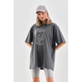 Lucky Life Unisex Taş Desenli Oversize T-Shirt - Füme - 2