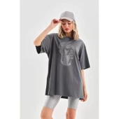 Lucky Life Unisex Taş Desenli Oversize T-Shirt - Füme - 4