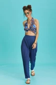 Beli Lastikli Pileli İndigo Yazlık Pantolon - 4