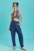 Beli Lastikli Pileli İndigo Yazlık Pantolon - 2