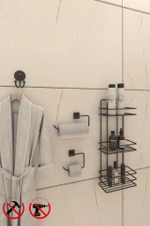 TŞ03SETİ Ömür Boyu Paslanmaz Yapışkanlı  Banyo Köşeliği Şampuanlık Solo Bornoz thumbnail 1