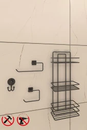 TŞ03SETİ Ömür Boyu Paslanmaz Yapışkanlı  Banyo Köşeliği Şampuanlık Solo Bornoz thumbnail 2