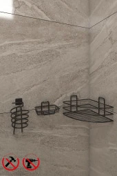 SİYH 3LÜ SET EK01  Ömür Boyu  Yapışkanlı Banyo Rafı - Yapışkanlı Kancalı Sabunluk ve Kare Fön SETİ thumbnail 2