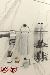 TŞ03SETİ Ömür Boyu Paslanmaz Yapışkanlı  Banyo Köşeliği, Şampuanlık Hav.tuvalt.fön.dişfırca-sabun - 1