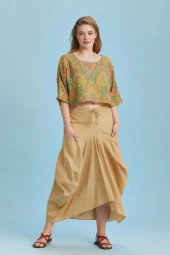 Bohem Tarz Beli Bağcıklı Cepli Büyük Beden Uzun Etek thumbnail 1