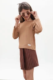 Kahverengi Çizgili Şort Etekli Volanlı Badili Kız Çocuk Takım 18272 - 1