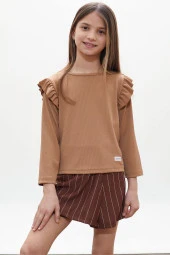 Kahverengi Çizgili Şort Etekli Volanlı Badili Kız Çocuk Takım 18272 - 3
