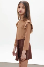 Kahverengi Çizgili Şort Etekli Volanlı Badili Kız Çocuk Takım 18272 - 5