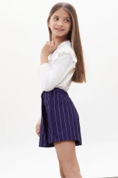 Lacivert Çizgili Şort Etekli Volanlı Badili Kız Çocuk Takım 18270 - 3