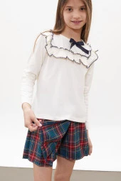 Yeşil Ekose Desenli Şort Etekli Fiyonklu Bluzlu Kız Çocuk Takım 18267 - 3