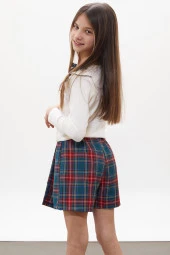 Yeşil Ekose Desenli Şort Etekli Fiyonklu Bluzlu Kız Çocuk Takım 18267 - 5